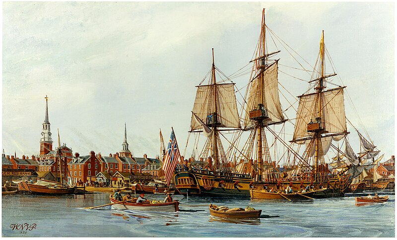 The 30-gun flagship Alfred, shown at anchor in Philadelphia, was among the first Continental Navy ships to sail for Lewes. Painting by W. Nowland Van Powell. SOURCE: HISTORY.NAVY.MIL